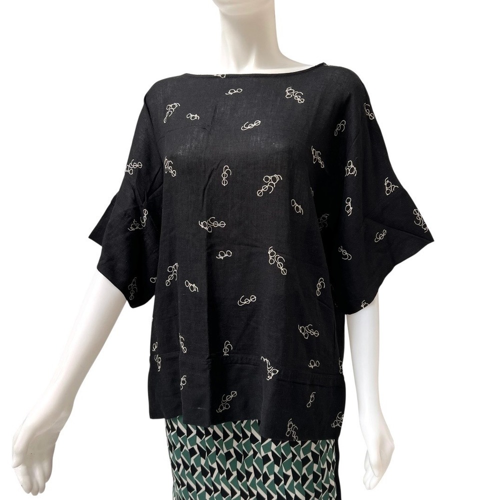 Vtg 80s Dianne B Made in Japan Retro Glasses Print Boxy Top Black M Office Siren - Picture 10 of 14